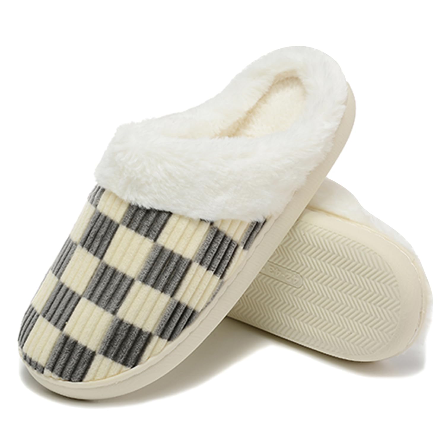 View 1 of (used) Jogyew Women House Grey Fuzzy Slippers - Plaid Scuff Checkered Slip-on Memory Foam Indoor Comfortable Soft Slides US 9.5-10.5