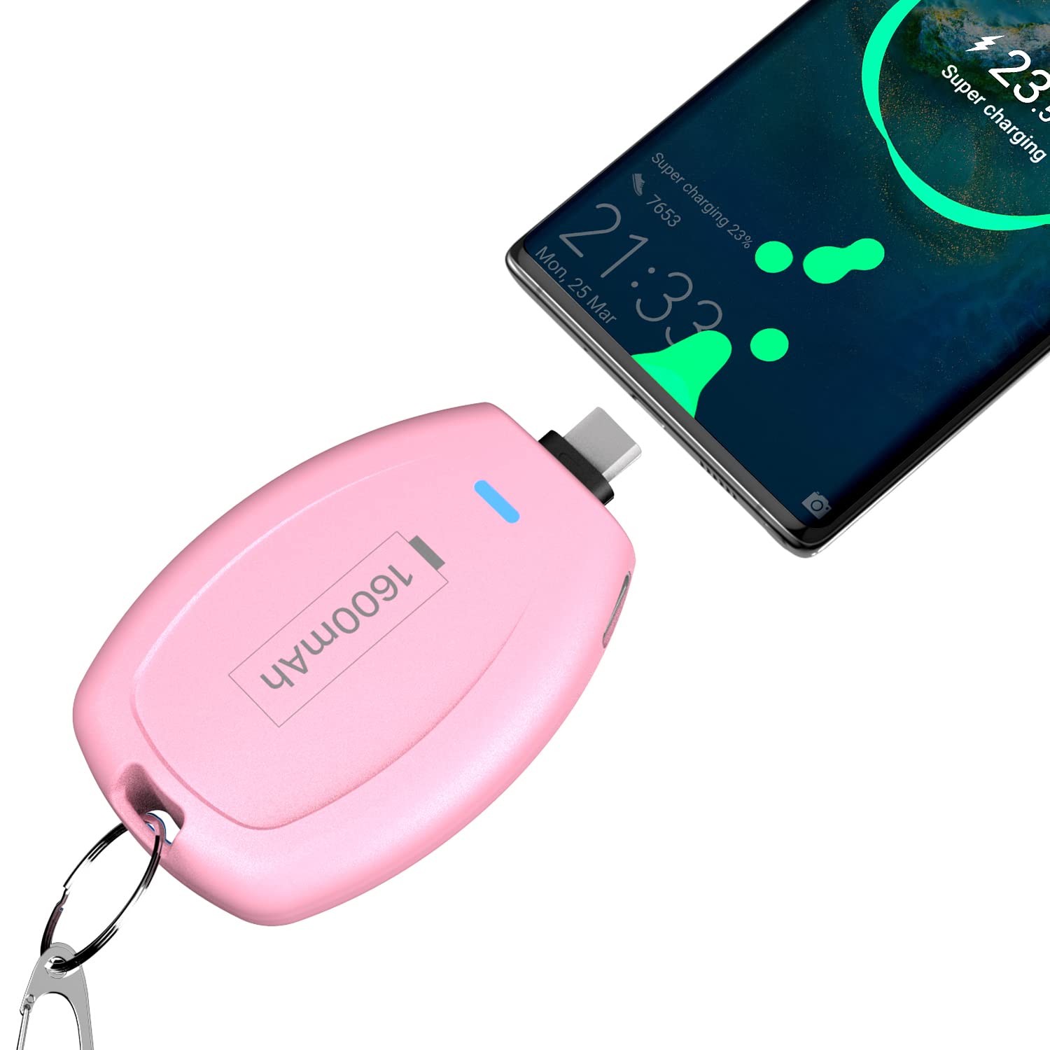 Mini Keychain Portable Charger for Type-C, 1600mAh Power Emergency Pod, Portable Keychain Phone Charger for Samsung Galaxy S21/S20/S10,Note 20,Moto,LG,Google Pixel,Android Phones et, iphone 15, Pink