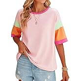 Amilia Women's Crew Neck Color Block Half Sleeve Casual Oversized T Shirts Basic Loose Summer Tunic Tee Tops