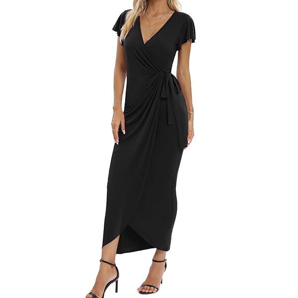 2025 WOMENS DEEP CROSS V NECK RUFFLE SLEEVE TULIP HEM PLUS SIZE WORK COCKTAIL PARTY ELEGANT RUCHED LONG WRAP DRESS BLACK