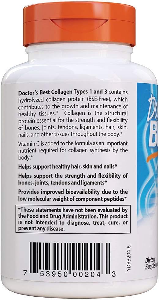 Doctor's Best Collagen Types 1 and 3 with Peptan, Non-GMO, Gluten Free, Soy Free, Supports Hair, Skin, Nails, Tendons and Bones, 1000 mg, 180 Tablets: Health & Personal Care