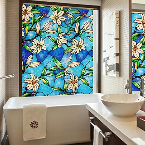 Amazon Coavas 窓ガラスフィルム 目隠しシール ステンドグラス風 ユリ サイズ 45 100cm レモンパイ 窓用フィルム 通販