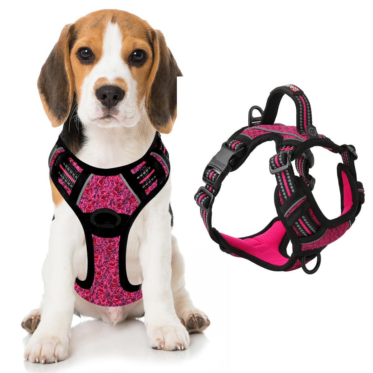 BARKBAY Dog Harness No Pull with ID Tag Pocket - Heavy Duty, Reflective, Easy Control for Large Dogs (Pink/Black,M)