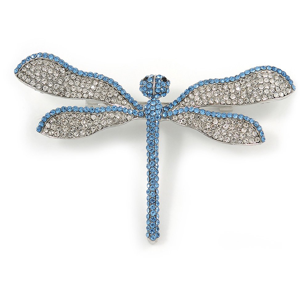 Statement Clear/Light Blue Crystal Dragonfly Brooch In Silver Tone Metal - 75mm Across