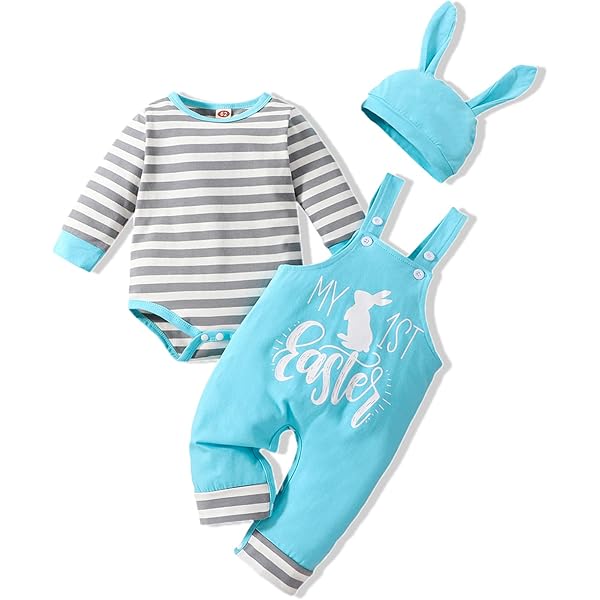 Baby Boy's First Easter Outfit - Bunny Bodysuit With 3D Rabbit Hat Set