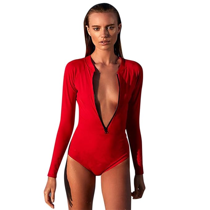 Bikini Loveso Frauen Damen einfarbig V-Ausschnitt Reißverschluss Halter Jumpsuit Surf Kleidung Roter Badeanzug Einteiliger Badeanzug
