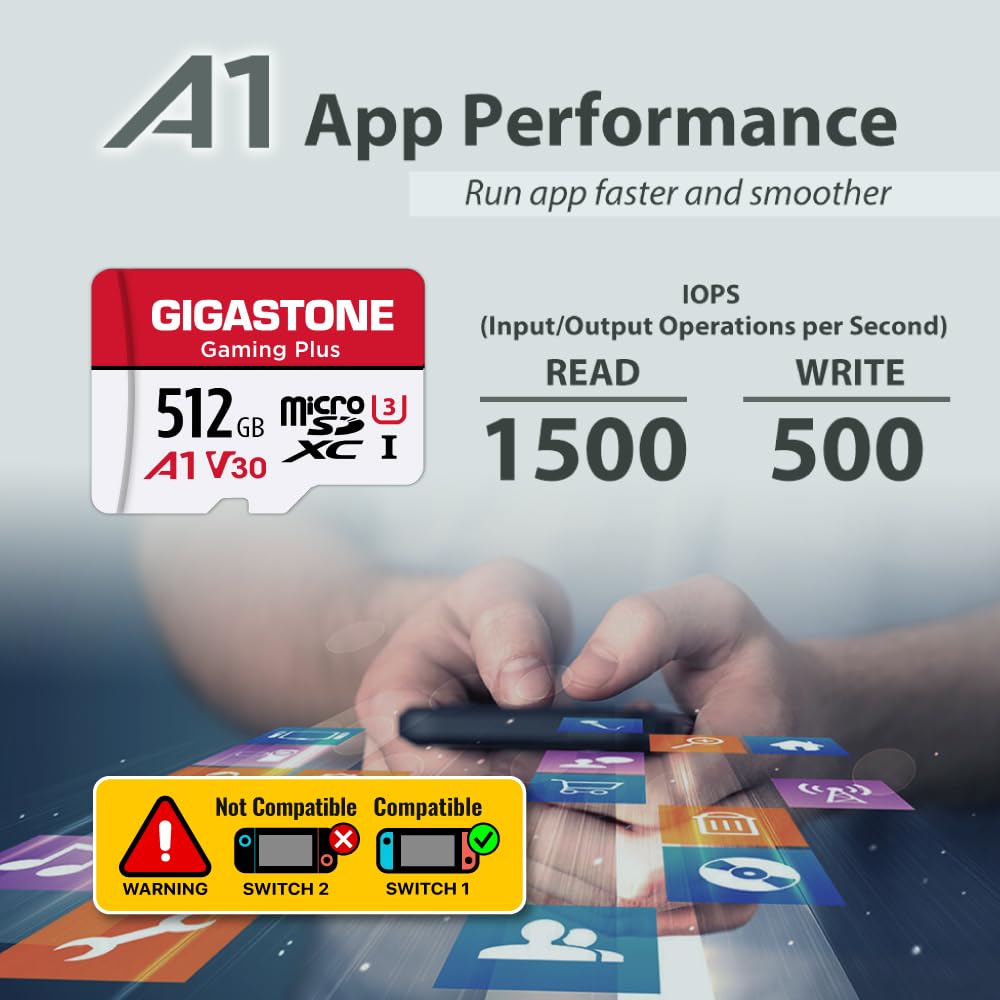GIGASTONE 512GB Micro SD Card, Gaming Plus, MicroSDXC Memory Card for Nintendo-Switch 1, Wyze, GoPro, Dash Cam, Security Camera, 4K Video Recording, UHS-I A1 U3 V30 C10, up to 100MB/s, with Adapter
