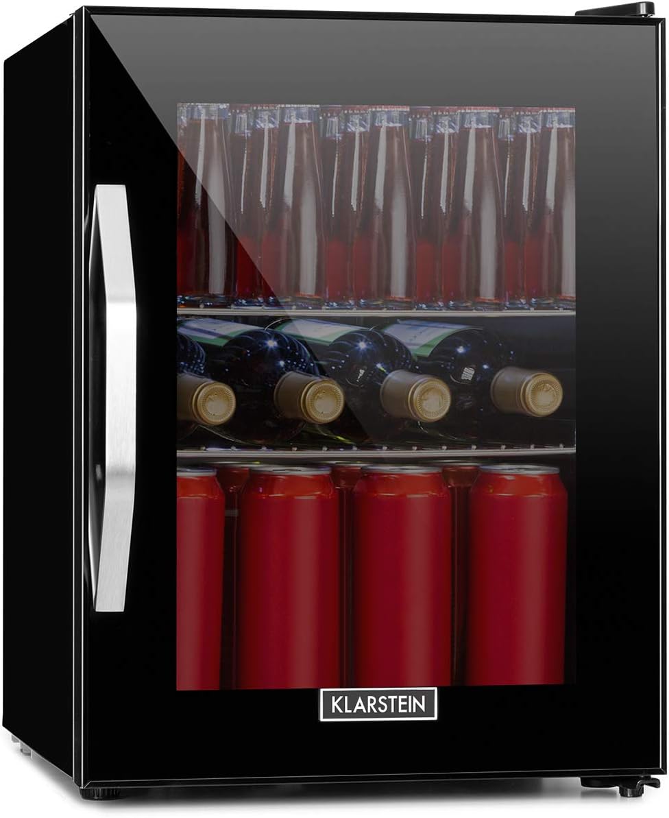 Klarstein Beersafe Onyx - Getränkekühlschrank, 5 Kühlstufen, 42 dB, flexible Metallböden, LED-Licht, Kühlschrank für Flaschen, Glastür mit schwarzem Rahmen, 35 L, Energieeffizienzklasse A++, Onyx