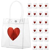 Foxtell 20 Pcs Valentine's Day Gift Bags with Handles, 6.3x5.9 Inch Clear Red Heart Plastic Bags, Reusable Transparent Gift Wrap Bags for Wedding, Birthday Party Favors & Small Business