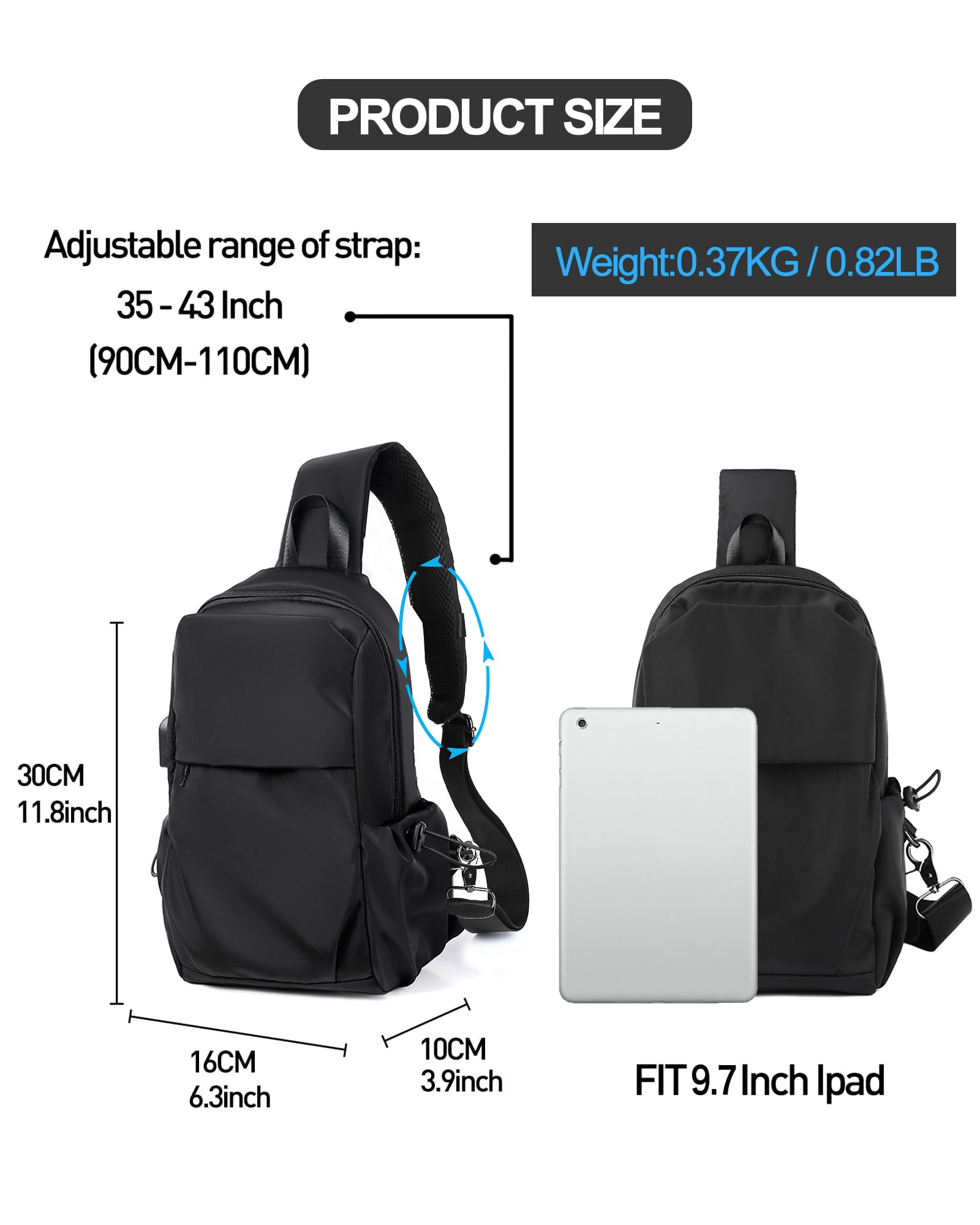 Small Black Sling Crossbody Backpack Shoulder Bag for Men Women, Lightweight One Strap Back Pack Sling Bag Backpack for Hiking Walking Biking Travel Cycling USB Charger Port-Nylon