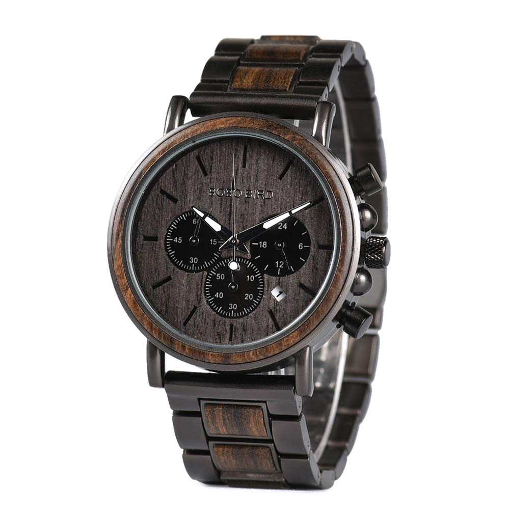 Mens Watches Wooden Quartz Movement Stainless Steel Chronograph Date Business Casual Wristwatch for Man