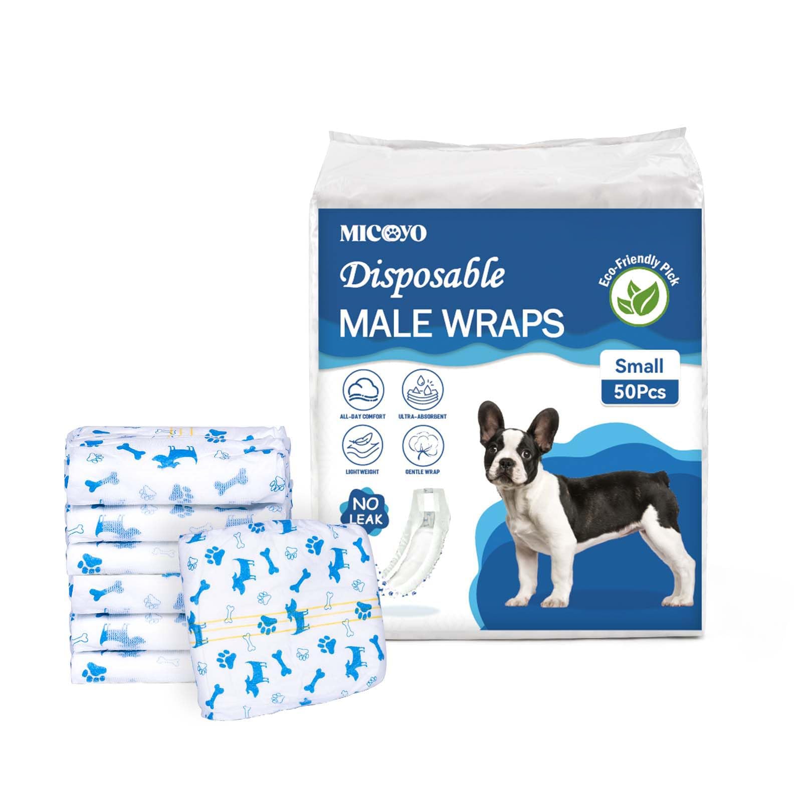 MICOOYO Disposable Dog Nappies Male, Super Absorbent Male Dog Wraps, Doggy Diapers with Wetness Indicator(S, 50pack)