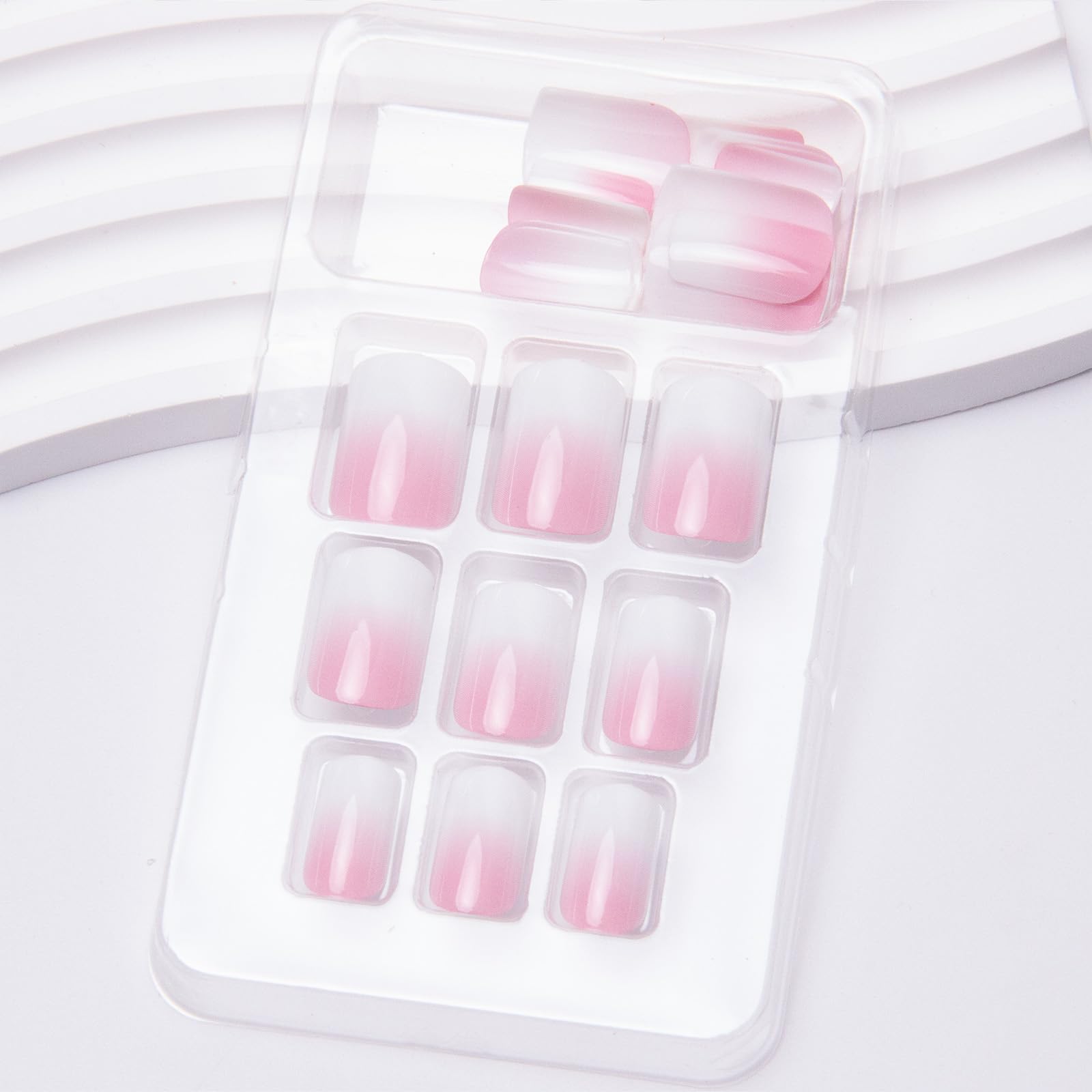 24Pcs Ombre Press on Nails Medium Square Acrylic Fake Nails Pink White Gradation Fake Nails Glossy False Nails Ombre Stick on Nails Full Cover Glue on Nails for Women Girls Nails Decoration - Image 3