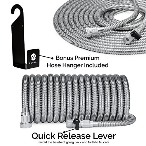Morvat 150 Foot Stainless Steel Garden Hose with ShutOff Valve, Heavy