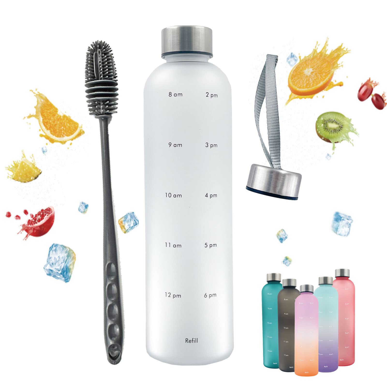 Horkos 1L Water Bottle,Motivational Time Markings,Non-Toxic BPA Free Plastic Water Bottle,Leak-Proof,1 litre Sports Bottle,1000ml Drinks Bottle for Gym,Travel,School,Cycling,Camping（White+cover+brush）