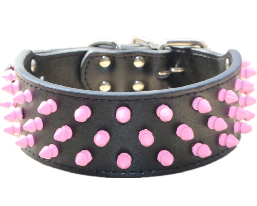 haoyueer 2 inch Wide Leather Dog Collars Cool Pink Spiked Studded Pet Dog Collar for Medium Large Dogs Pit Bull Mastiff Bully Boxer (XL, Black)