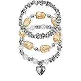 CJFENGD Resin Bead Bracelet Set for Women - 3-Piece Stackable Gray & Gold Resin Bracelets with Heart Charm, Boho Layered Jewelry for Daily Style & Gifting