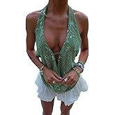 Clispiy Women Sequin Halter Top Backless Deep V Neck Beaded Y2K Rave Tops Sparkle Cami Vest for Summer