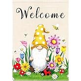 Spring Welcome Gnome Garden Flag 12 x 18 inch Double Sided Outside decorations,Flower Butterfly Small Garden Flags For Outdoor Yard Lawn