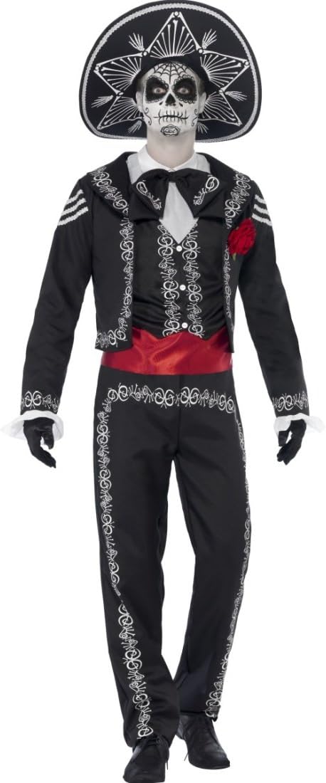 Amakando Traje Hombre Fiesta de los Muertos Disfraz Día de los Muertos XL 56/58 Caracterización La Catrina Mexicana Traje Mariachi Hombre Atuendo Halloween Outfit Calavera Noche de Brujas