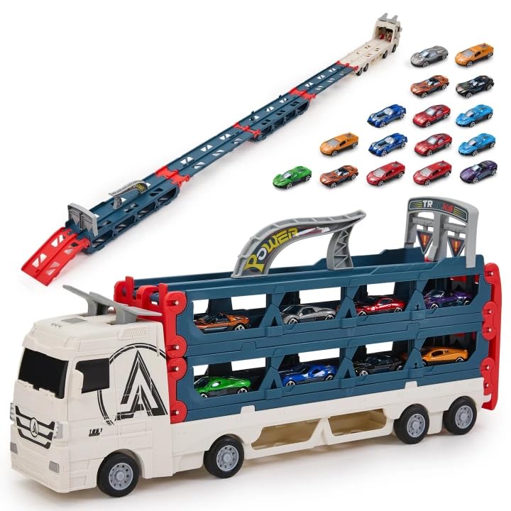 Qivange 16-Piece Race Car Transport Truck Set – 207cm Portable Carrier Vehicle Toy For Toddlers & Kids Ages 3-7, Transport Carrier Vehicles Toys Set for 3+ Year Olds Birthday Gift