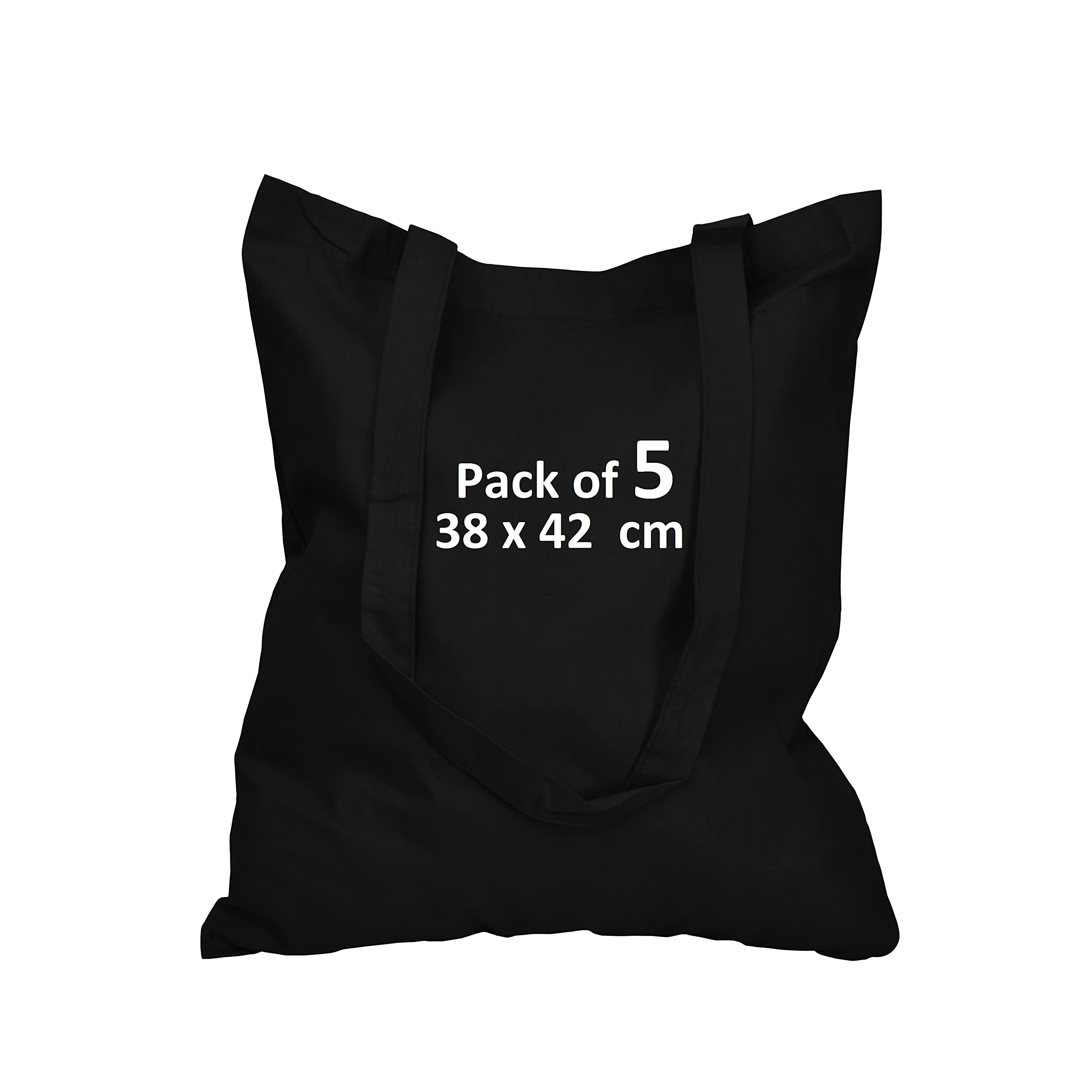 Cotton Bags for Grocery, Plain Tote Bags to Decorate, eco-friendly Canvas Tote Bags made with Premium Quality 100% Cotton Fabric Are Reusable Blank - Size 38x42cm+70cm long Handle (Pack of 5-Black)