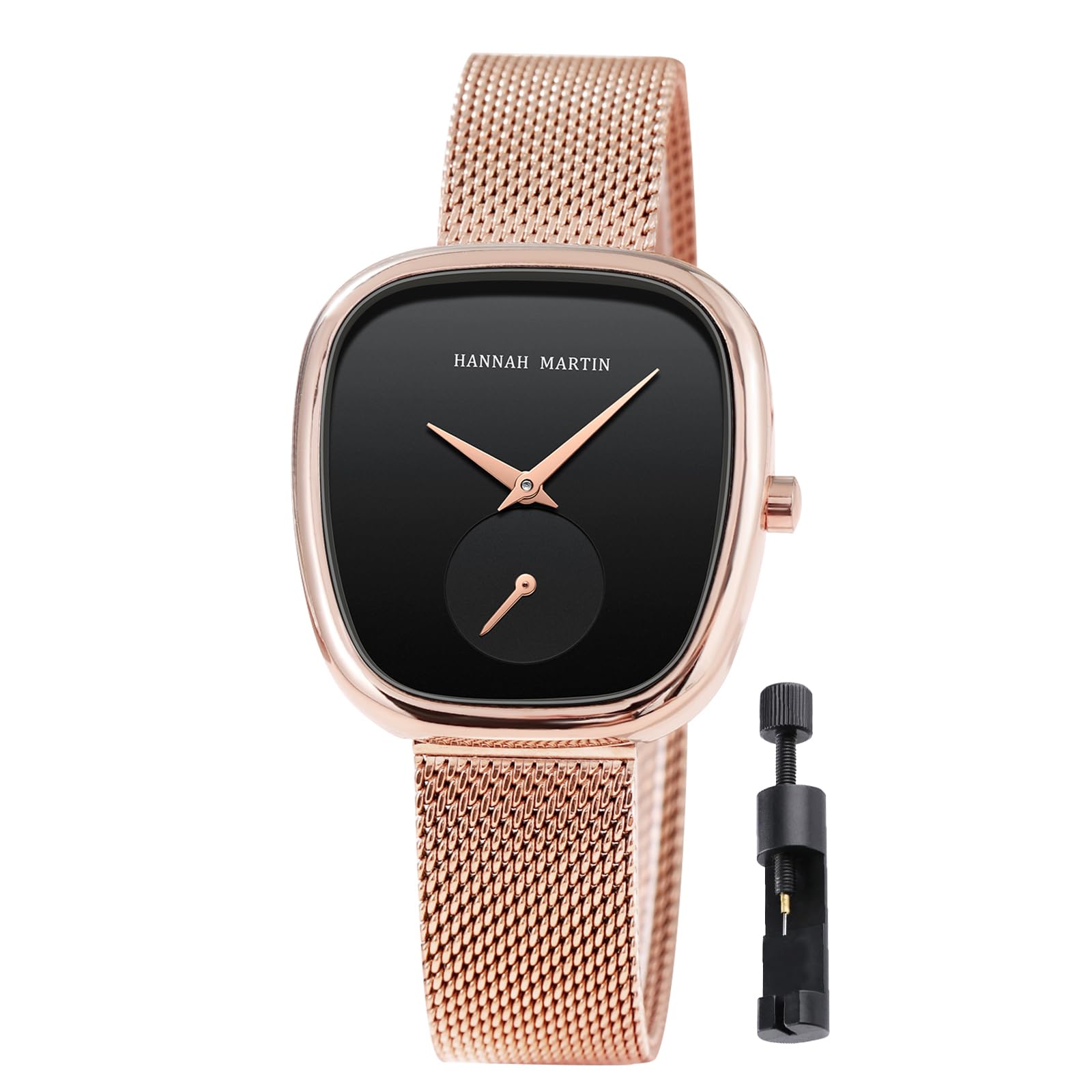 View 1 of ***HAS DAMAGED SCREEN ( CRACKED)*** HANNAH MARTIN Watches for Women Vintage Rectangular Case Analog Quartz Stainless Steel Band with Adjustment Tool Water Resistant
