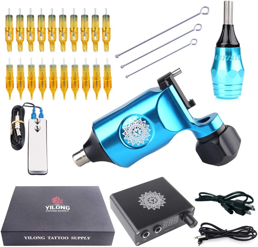 YILONG Professional Rotary Tattoo Machine Kit Gun Set For Liner and Shader Machine + Power Supply and Foot Pedal + 20 pcs Disposable cartridge Tattoo Needles 3.5RL,5.7M1 (BLUE)