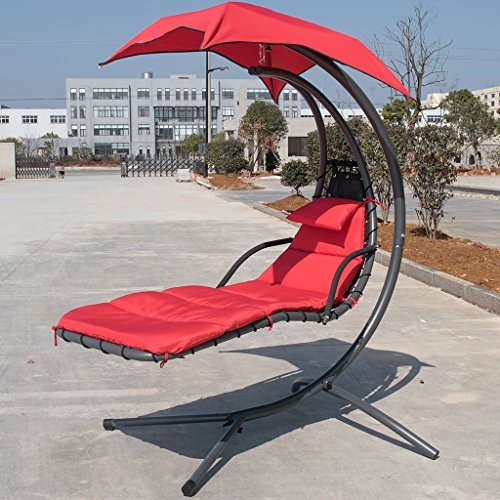 Finether Hanging Chaise Lounge Chair | Detachable Outdoor orIndoor Hammock Chair Swing with Arc Stand,Canopy,and Cushion for Patio,Beach,Yard,Garden,Red - Thumbnail 7