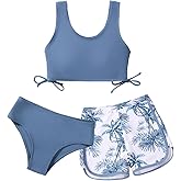 Girl's 3 Piece Bikini Bathing Suit Printed Sport Swimsuits with Shorts Cove Up Sets Teen Girl's Swimwear