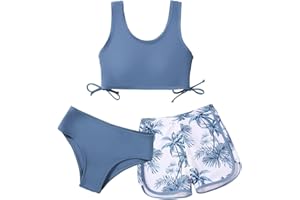 ADARL Girl's 3 Piece Bikini Bathing Suit Printed Sport Swimsuits with Shorts Cove Up Sets Teen Girl's Swimwear