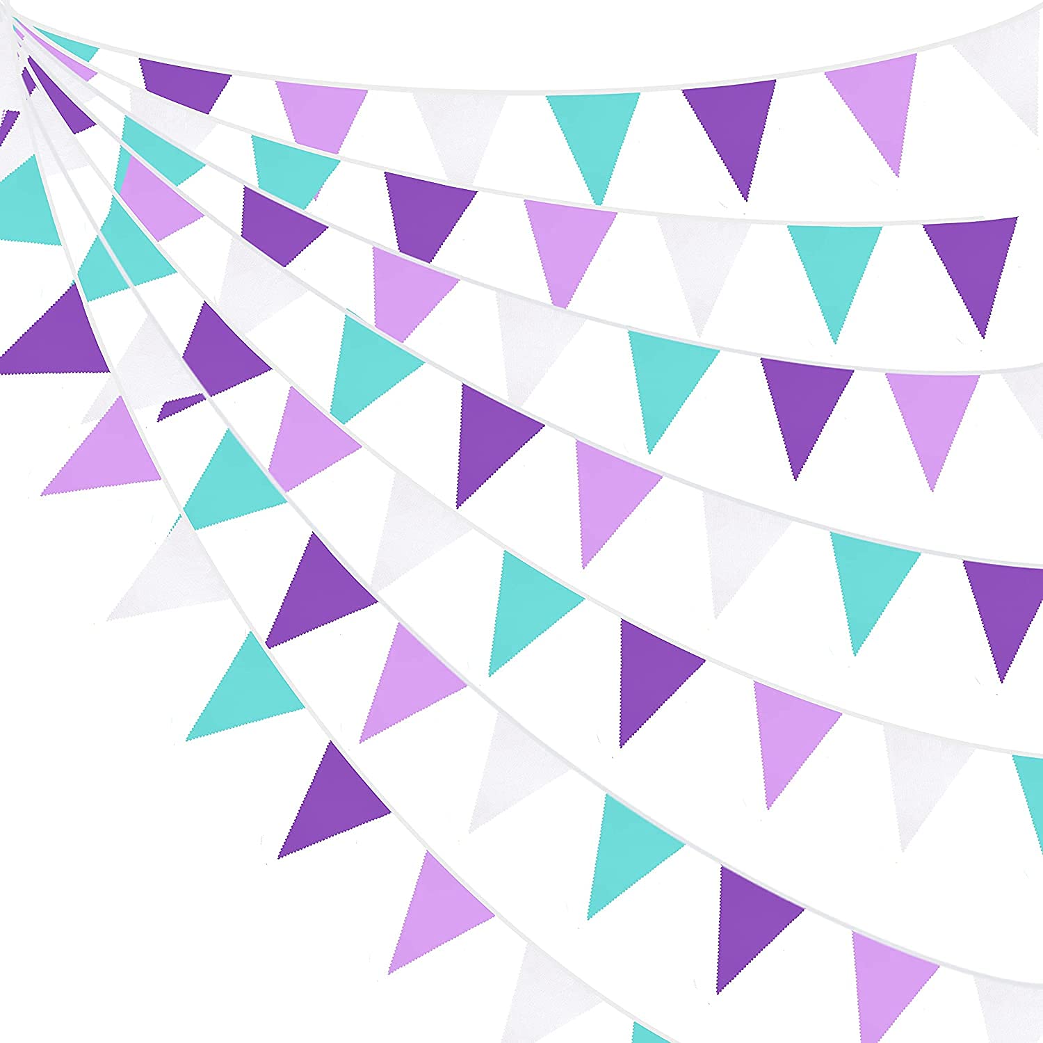 10M/32.8Ft Fabric Bunting Banner Purple White Bunting Party Decorations Cotton Triangle Flag Garland Pennant for Little Mermaid Girls Birthday Wedding Bachelorette Baby Shower Under The Sea Parties