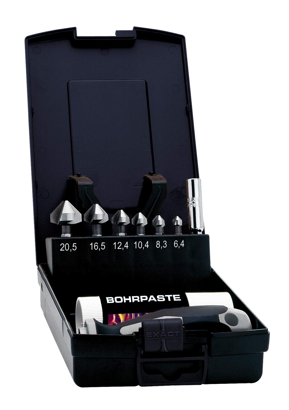 Exact 5649 Countersunk Set Diameter 6.3-20.5 mm + Universal Holder, Drill Paste & Handle, 1/4 Inch Bit Shaft, HSS DIN3126