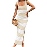 Saodimallsu Womens Summer Sleeveless Bodycon Sweater Dress Striped Knit Tie Square Neck Side Slit Midi Tank Dresses