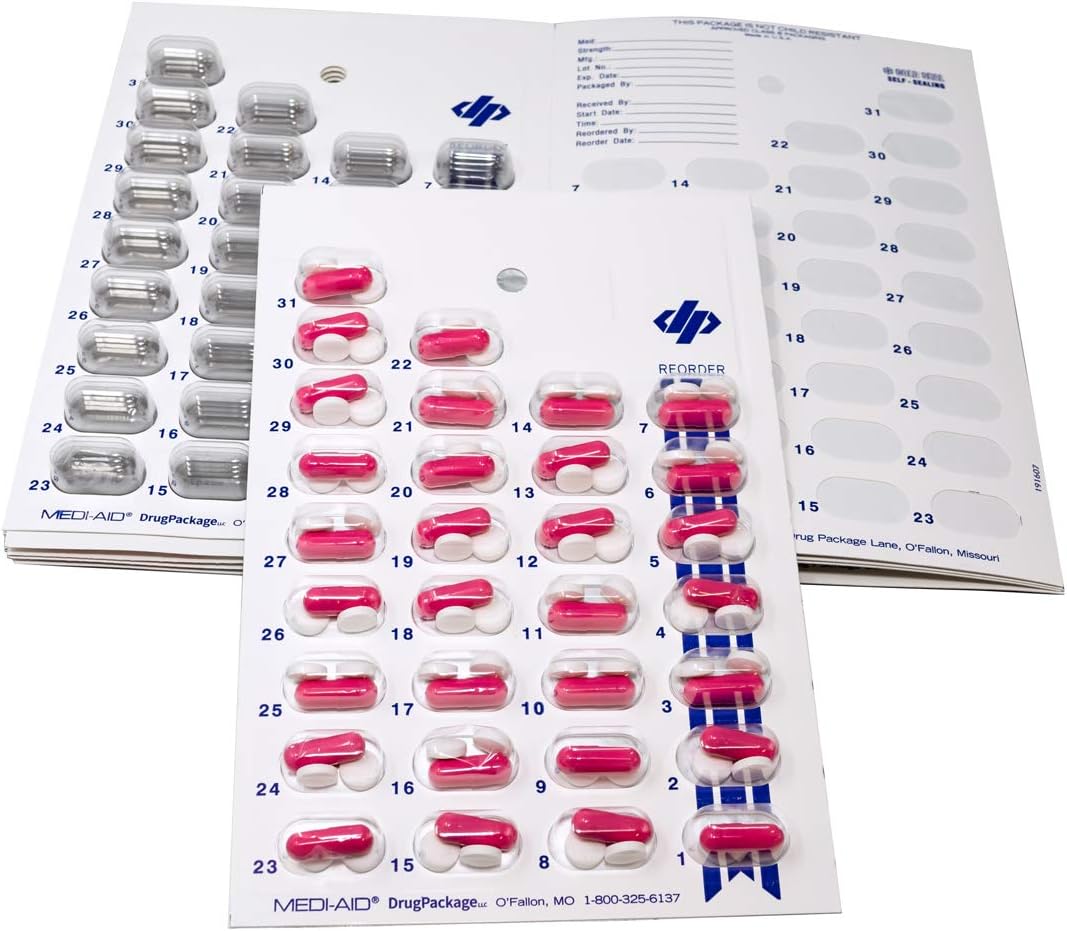 Medi-Aid Monthly Cold Seal Medication Blister Pack System Cards - One Piece Unit Dose Book Fold, (31 Day Monthly - 6 Pack)
