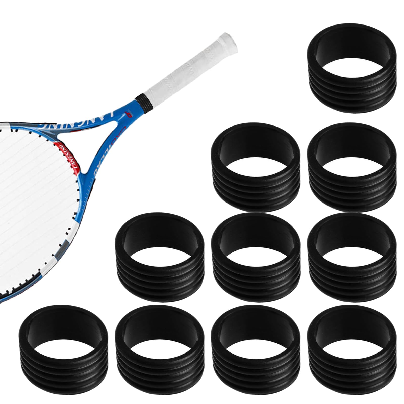 Huakaile 10 Pcs Tennis Grip Band, Silicone Racket Sealing Rings, Non-Slip Racquet Handle Finishing Ring, Overgrip Protector Fix Ring for Pickleball Paddle Badminton Squash Racquet (Black) — image 1