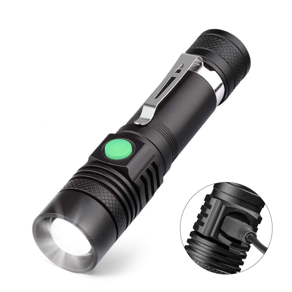 Torche Lampe LED Rechargeable USB, Coquimbo Lampe de Poche 600 Lumens, IP65 Étanche, 4 Modes Eclairage, Lampe de Poche Zoomable pour Ménage, le Camping, La Randonnée, D\'urgence (Batterie Incluse)