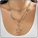 SAVNOJW Dainty Layered Star Beaded Pendant Necklace for Women 14K Gold Cuban Link Chain Choker Hollow Star Statement Necklace Adjustable Y2k OT Buckle Jewelry