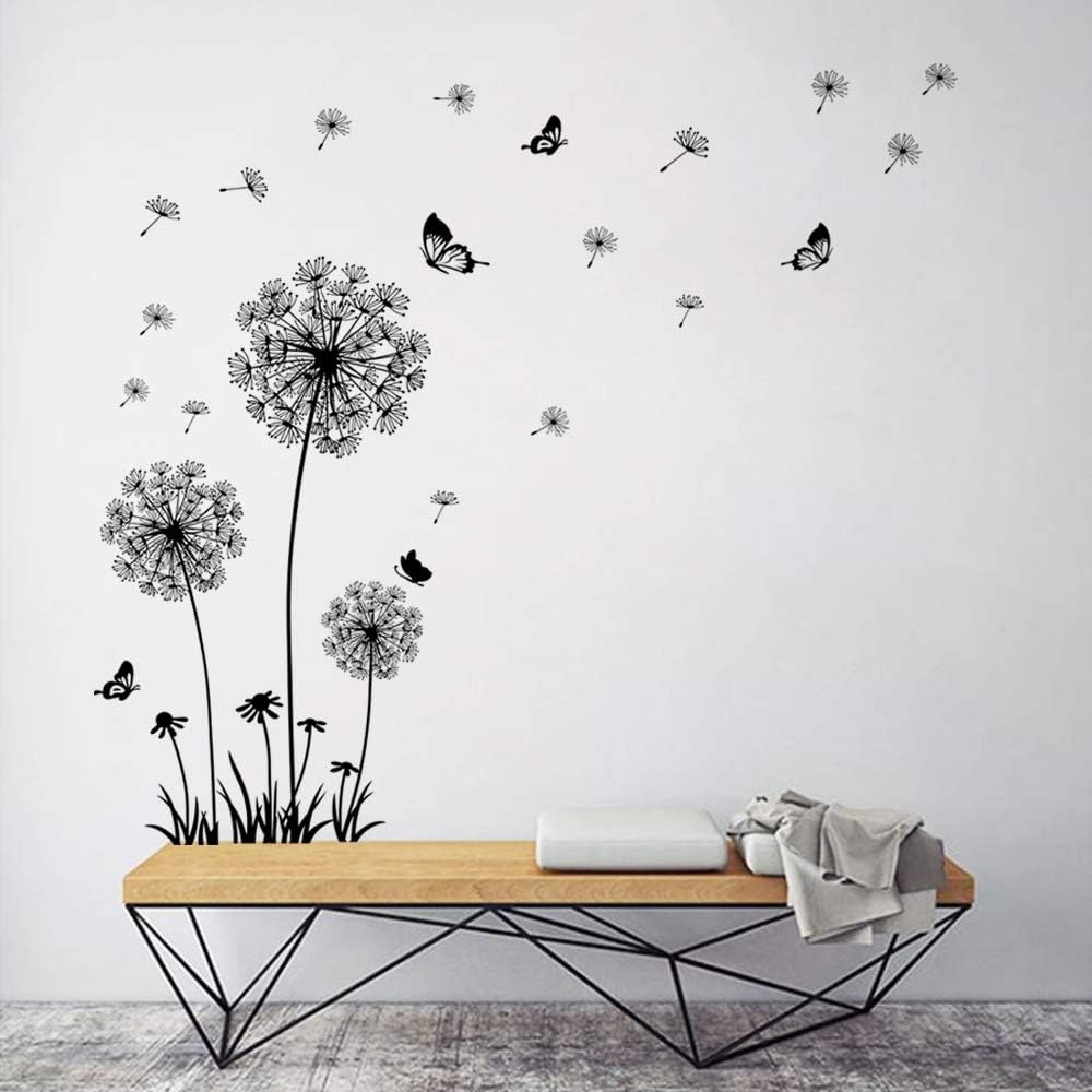 decalmile Dandelion Wall Decals Flying Flowers Butterflies Wall Stickers Dandelion Wall Art Living Room Bedroom Decor (Black) - Image 3