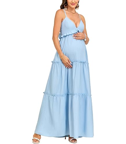 maternity dresses for beach pictures CYCLAMEN Dress Halter V-Neck Pleated Backless Maxi A-Line Gown Baby Shower Photoshoot Vacation Tea Party, Light Blue, S at Amazon Women's Clothing store maternity_gown Love Fire Size M Color:Burgundy* The dress boasts a