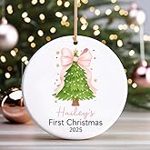 Personalized Baby’s First Christmas Ornament 2025, Custom Ceramic Ornament with Christmas Tree and Pink Bow, Baby Girl 1st Xmas Keepsake Gift, Newborn Holiday Tree Decoration