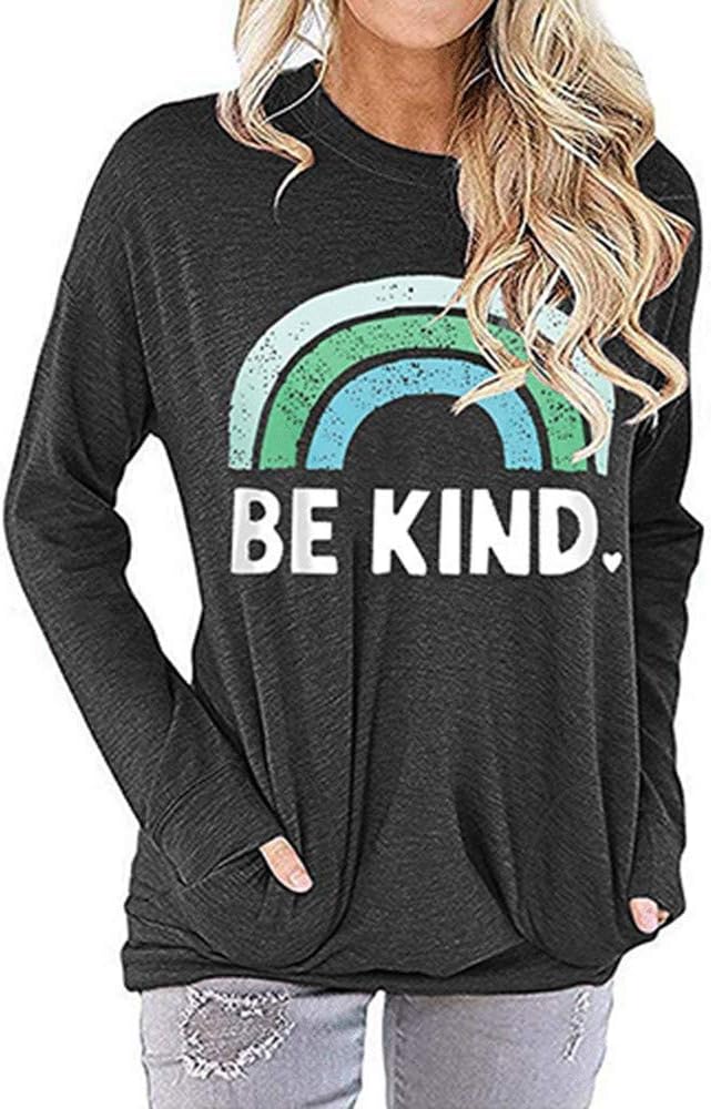 KCatsy Women Top Sweatshirt Blouse Long Sleeve Rainbow Striped Good Vibes Sunshine Print Pockets Loose Ladies Tops