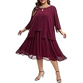 Plus Size Mother of The Bride Chiffon Dress and Jacket 2 Piece Set with Beaded Round Neck for Formal Wedding Guest Outfit