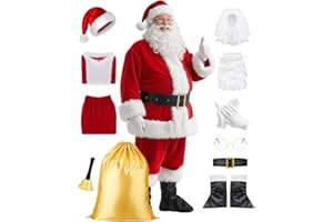 ZIW 11pcs Santa Claus Costume Suit for Men Women Adults Deluxe Christmas Outfit Xmas Velvet Coat with Bell Red