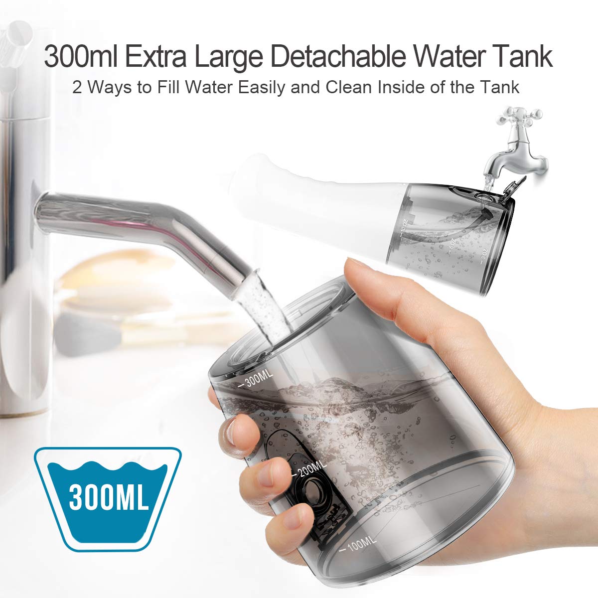 Water Flosser Teeth Cleaner, iTeknic Professional Cordless Dental Oral Irrigator 300ML Portable and Rechargeable IPX7 Waterproof 3 Modes Water Flossing with 5 Jet Tips for Home and Travel- Grey