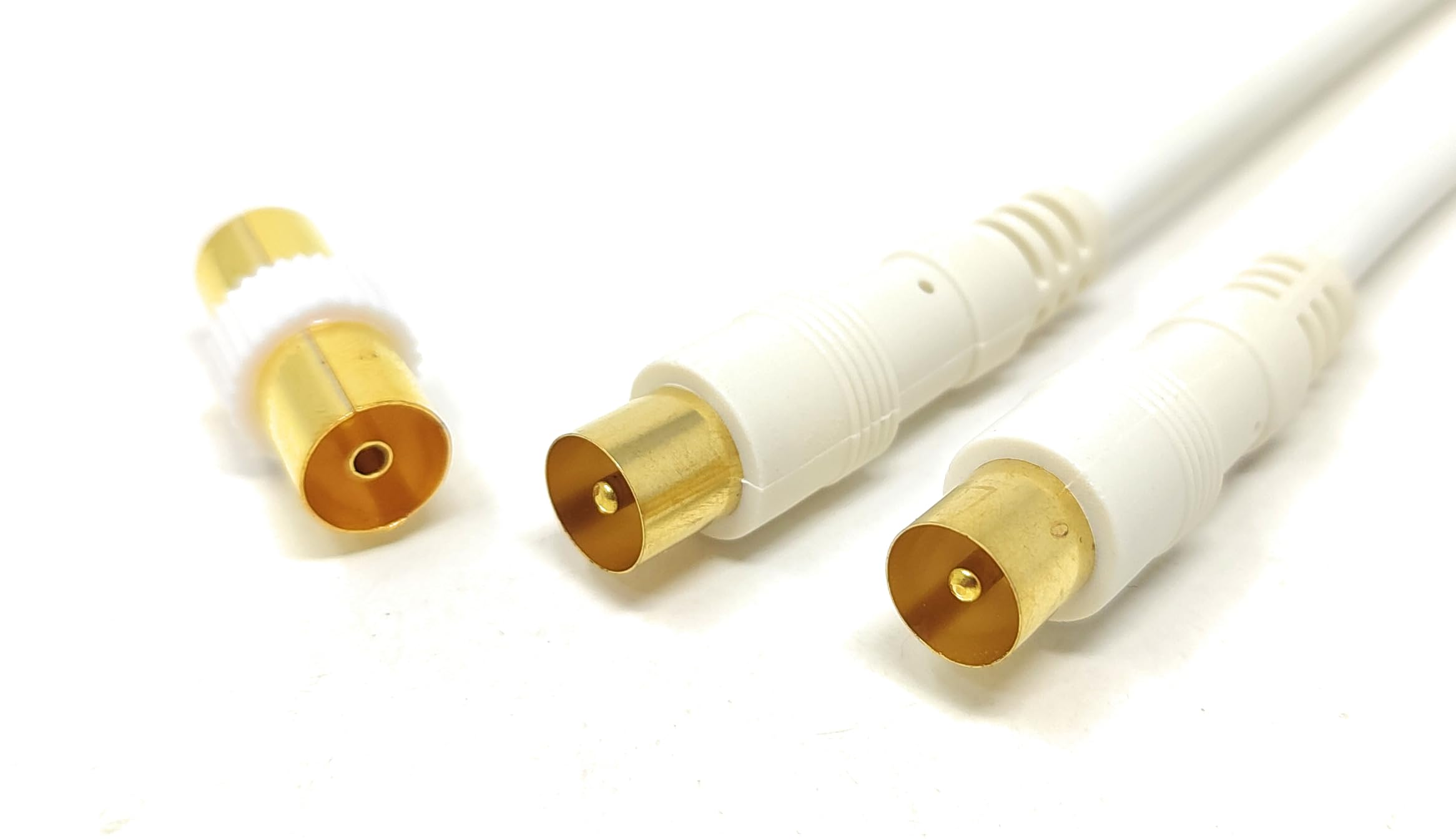 1.8m TV Aerial Coaxial Cable Male to Male, Satellite RF Antenna Coax RG59 Lead Gold Plated Connectors with Female Coupler (Straight, White, 1.8m)