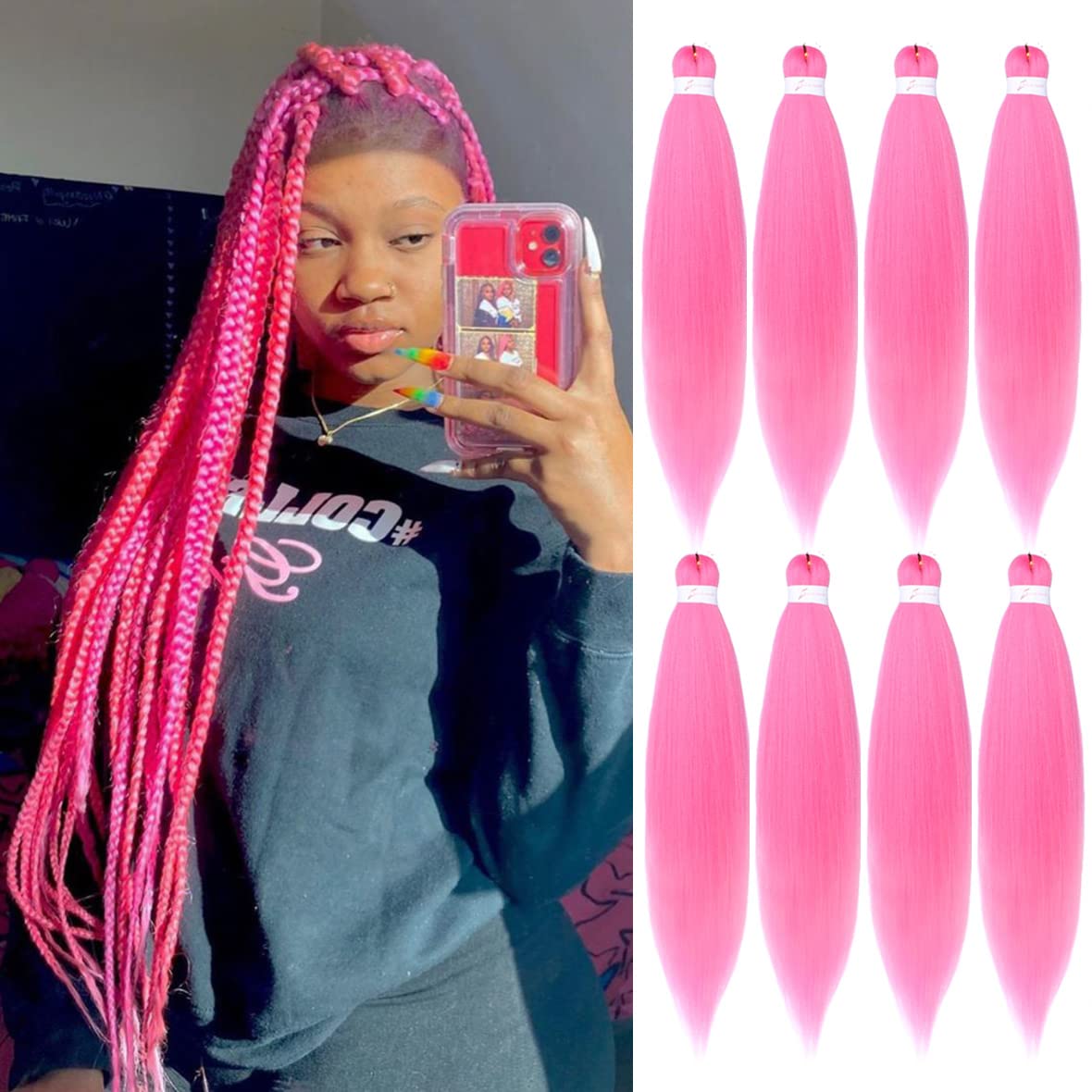 Leeven 8 Packs Pre Stretched Braiding Hair 26 Inch Yaki Texture Pink Brading Hair Extensions for Box Braids Kanekalon Hair Fiber Crochet Hair Extensions for Braiding /26 Inch Pink# โ image 1