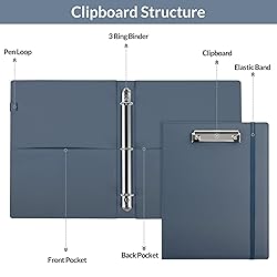 SKYDUE 3 Ring Binder with Clipboard, PU Clipboard