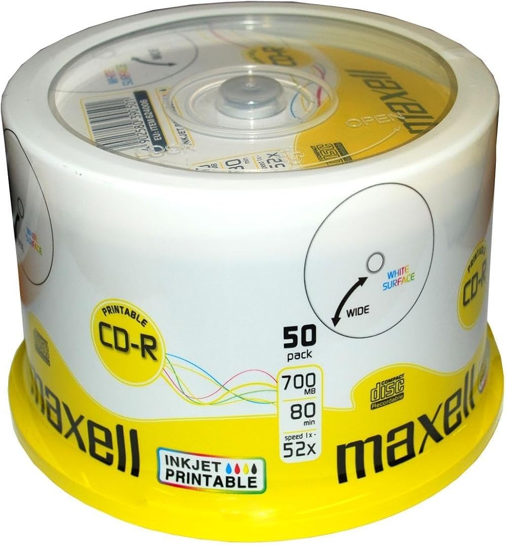 Maxell CD-R 52x White Inkjet Printable Surface 700MB 80min 50 Disc Spindle