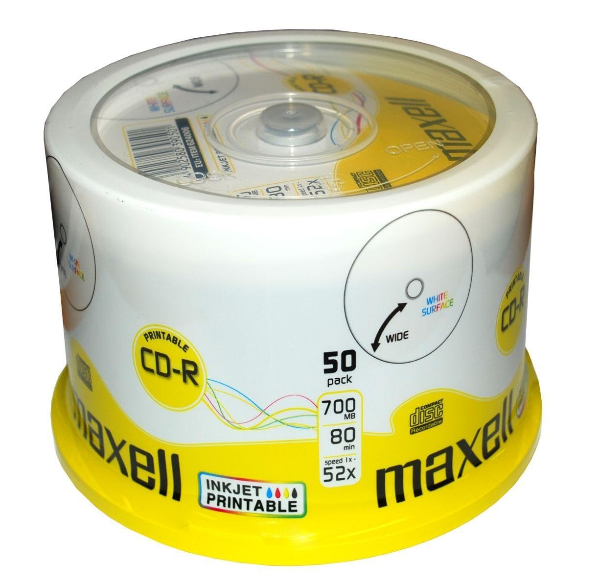 Maxell CD-R 52x White Full Face Inkjet Printable Surface - 50 Discs in Spindle Pack